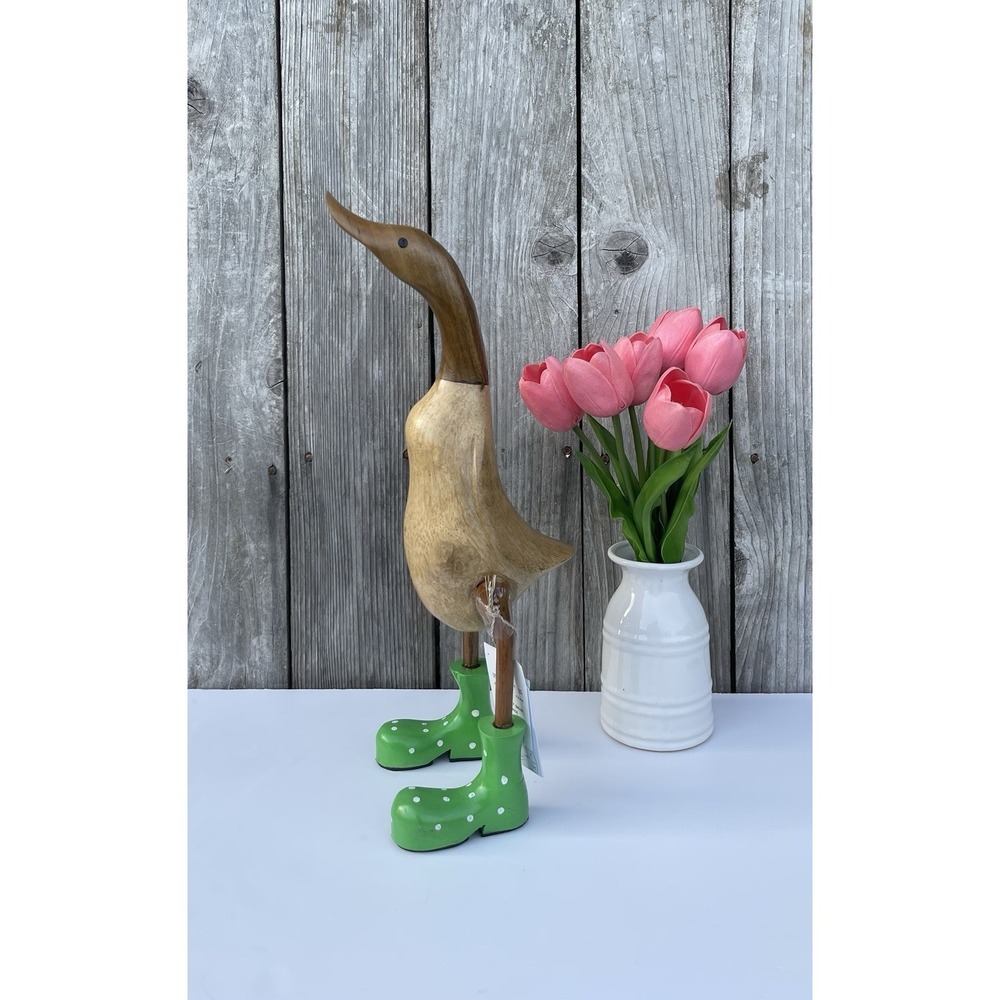 Pair of Hand Carved Wooden Ducks with Green Polka Dot Boots Farmhouse Decor Set - Picture 3 of 6